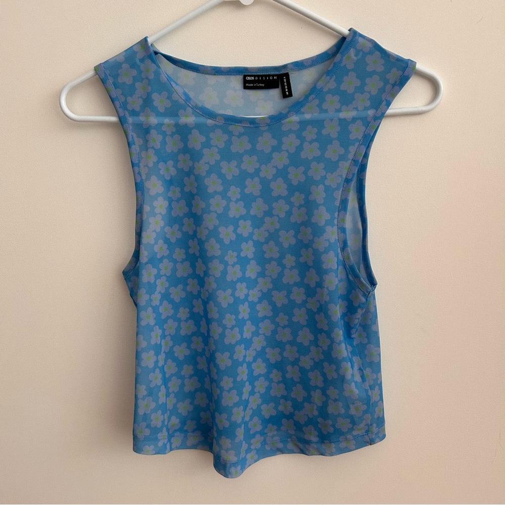 Floral Blue Sleeveless Mesh Top Size 6